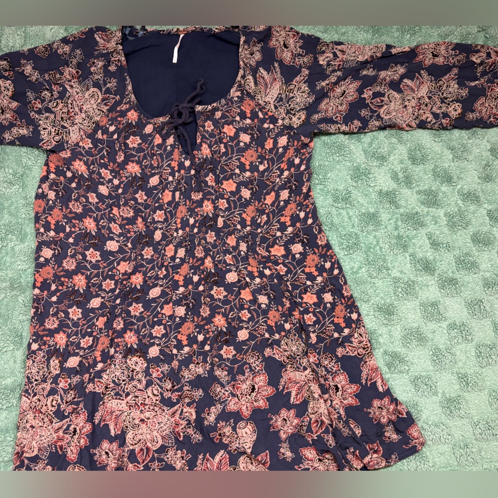 Free People Style Blue Floral Boho Tunic Top Flowy Long Sleeve - Picture 3 of 10